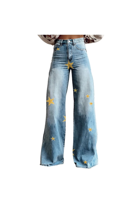 Tnhcen Women's Vintage Star Print Denim Jeans High Waisted Wide Leg Trousers Button Pocket Zipper Casual Twill Plus Size S-5XL Retro Fashion