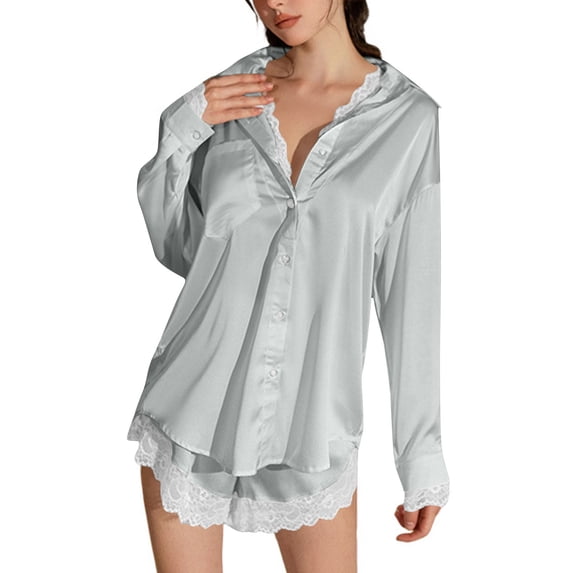 Tnhcen Women's Viscose Filament Pajamas Button Down Shirts Long Sleeve Lace Splicing Fake Two - Piece Clothing Nightwear