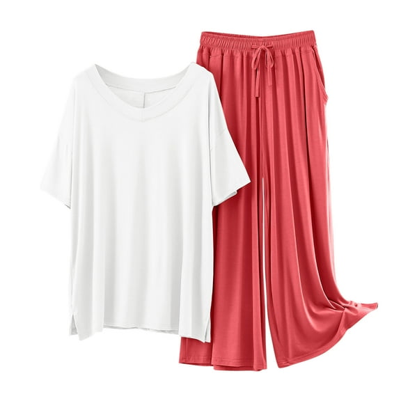 Tnhcen Women's Viscose Sleep Pajama Set V-Neck Short Sleeve Solid Top and Different Color Pant Pjs Set Lounge Home Clothes L-XL