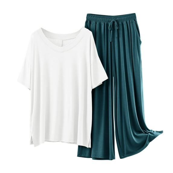 Tnhcen Women's Viscose Sleep Pajama Set V-Neck Short Sleeve Solid Top and Different Color Pant Pjs Set Lounge Home Clothes L-XL