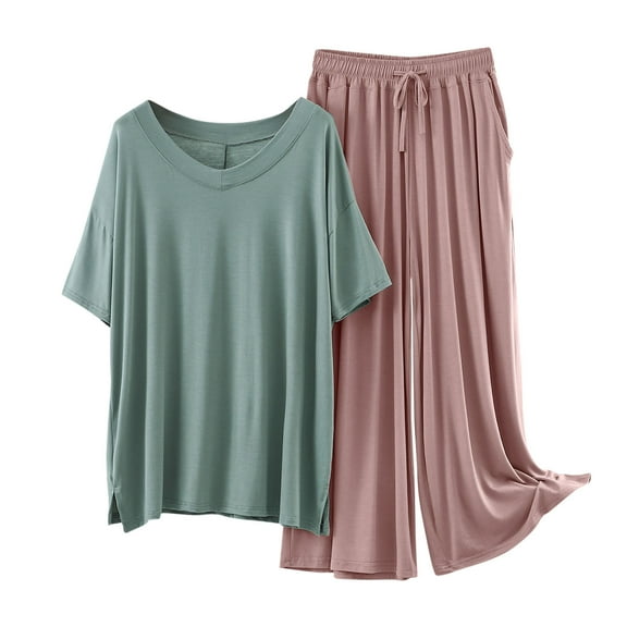Tnhcen Women's Viscose Sleep Pajama Set V-Neck Short Sleeve Solid Top and Different Color Pant Pjs Set Lounge Home Clothes L-XL