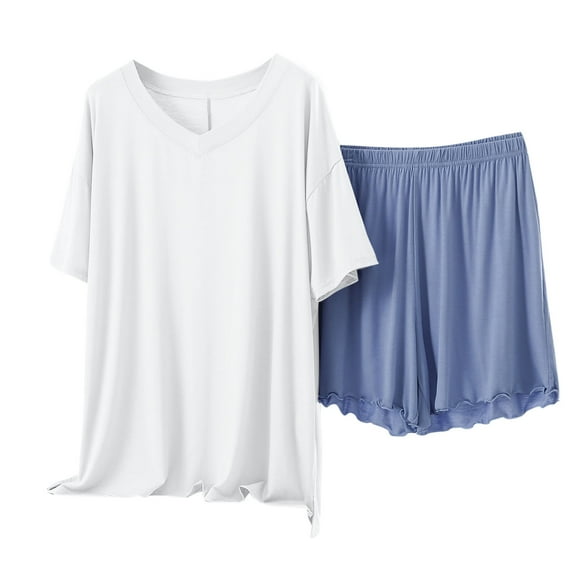 Tnhcen Women's Viscose Sleep Pajamas Set V-Neck Short Sleeve Top and Ruffle Shorts with Elasticized Waistband Pjs Set L-XL