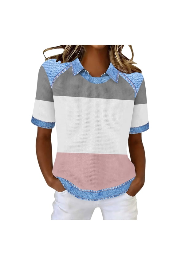 Women's Waffle Knit Top, Short Sleeve Floral Print Casual Shirt, Loose Fit Plus Size Turn Down Collar Blouse for Daily Wear Sizes S-3XL