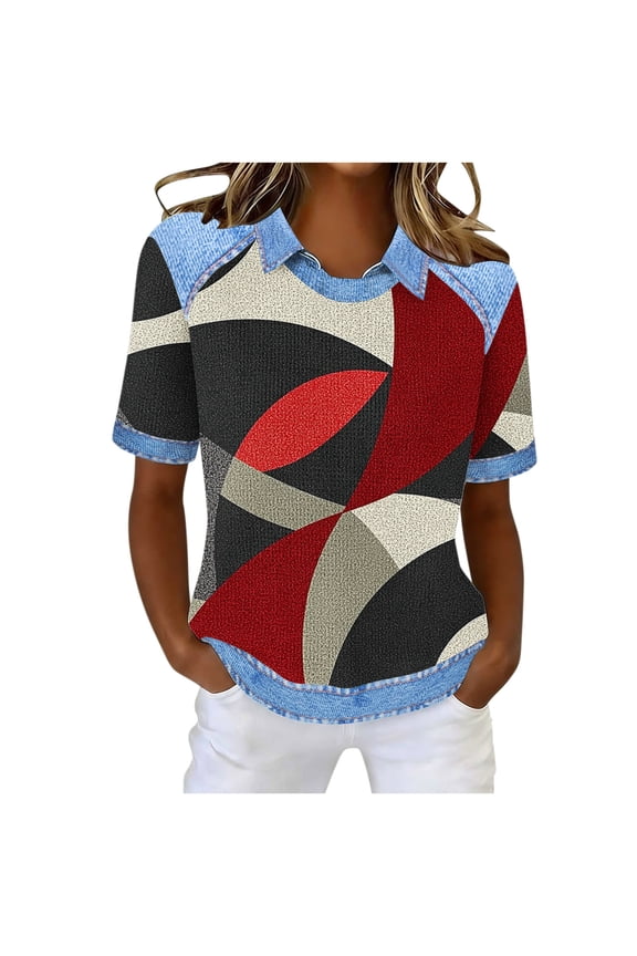 Women's Waffle Knit Top with Unstructured Print, Loose Fit O-Neck Casual Shirt, Short Sleeve Turn-Down Collar Blouse for Everyday S-3XL