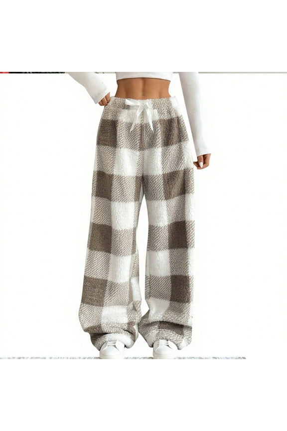 Tnhcen Women's Warm Plaid Flannel-Lined Casual Pants - Soft Elastic Waist Oversized Loose Fit Plus Size XS-L