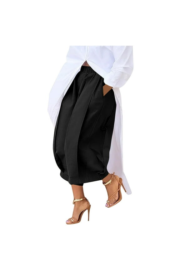 Women's Wide-Leg Culottes with Pockets · Elastic Waist Casual Palazzo Pants Twill Pleated Cropped Trousers · Comfortable Breathable Fashion S-2XL