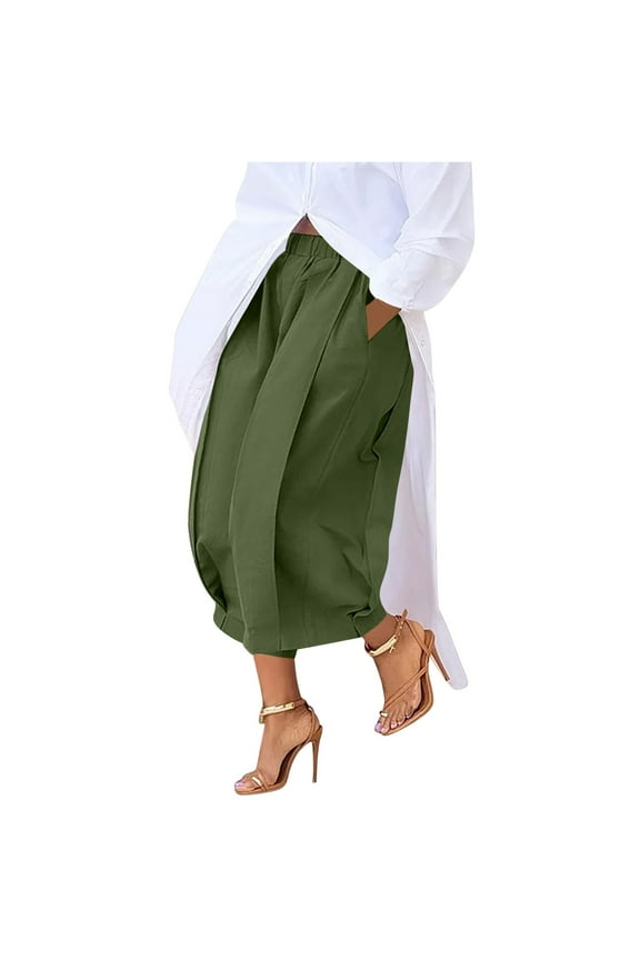 Women's Wide-Leg Culottes with Pockets · Elastic Waist Casual Palazzo Pants Twill Pleated Cropped Trousers · Comfortable Breathable Fashion S-2XL