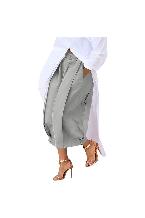 Women's Wide-Leg Culottes with Pockets · Elastic Waist Casual Palazzo Pants Twill Pleated Cropped Trousers · Comfortable Breathable Fashion S-2XL
