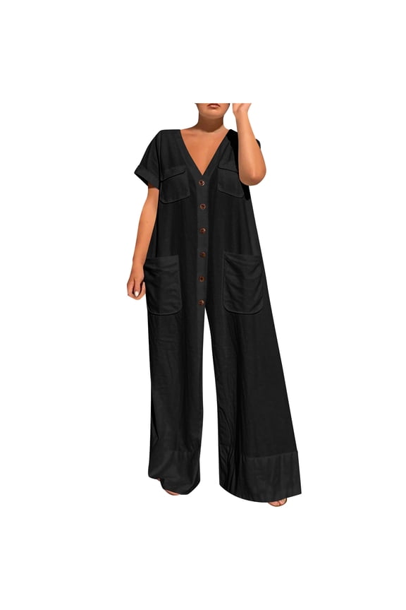 Women's Wide-Leg Jumpsuit 2025 Casual Loose Fit Button. Wide Leg Jumpsuit with Big Pockets Ice Silk Crepe Soft Breathable Romper for Women 2XL