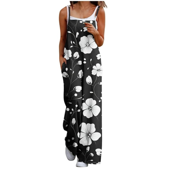 Tnhcen Women's Wide Leg Jumpsuit Wide Leg Romper Vintage Floral Print Overalls Adjustable Straps Pockets Casual Pants S-3XL