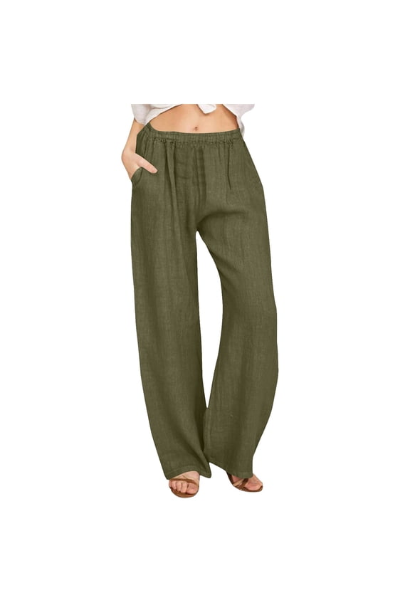 Women's Wide-Leg Pants 2025 - Loose Fit Pre-Shrunk Mock Linen Trousers - Relaxed Casual Stretchy Waist Long Pants with Pockets S-3XL for Women