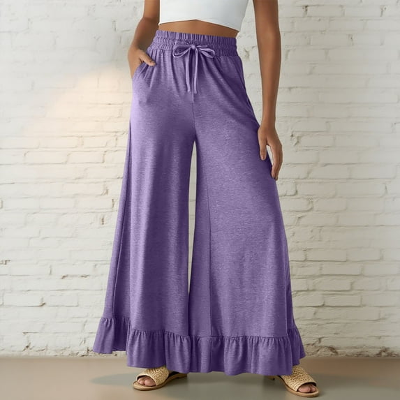 Tnhcen Women's Wide Leg Pants with Drawstring Waist Ruffled Hem Lounge Pants Cotton Blend S-2XL Multiple Colors Available