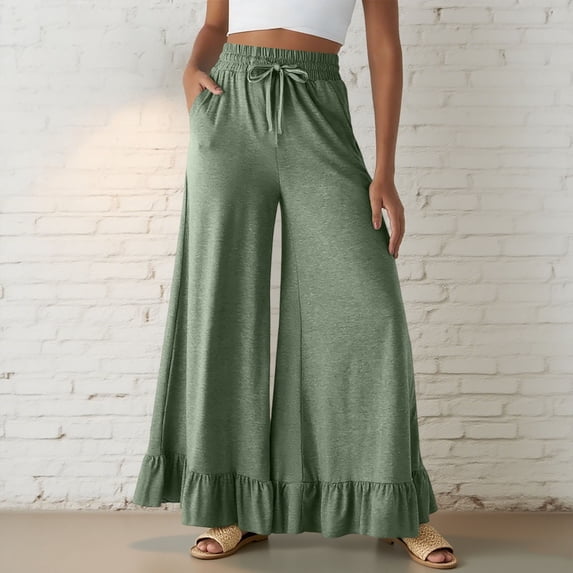 Tnhcen Women's Wide Leg Pants with Drawstring Waist Ruffled Hem Lounge Pants Cotton Blend S-2XL Multiple Colors Available