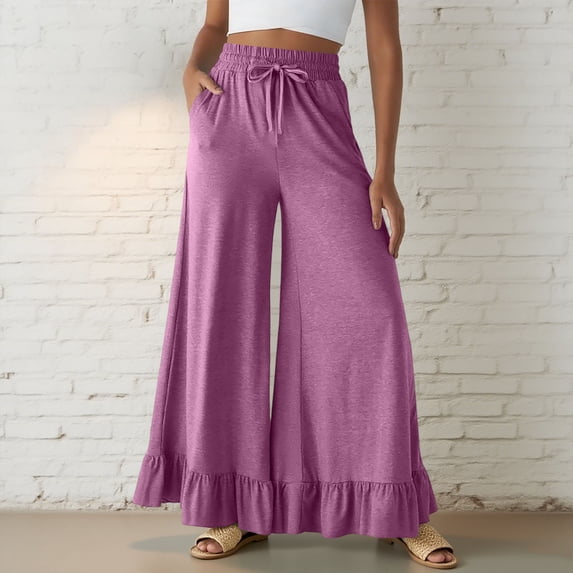 Tnhcen Women's Wide Leg Pants with Drawstring Waist Ruffled Hem Lounge Pants Cotton Blend S-2XL Multiple Colors Available
