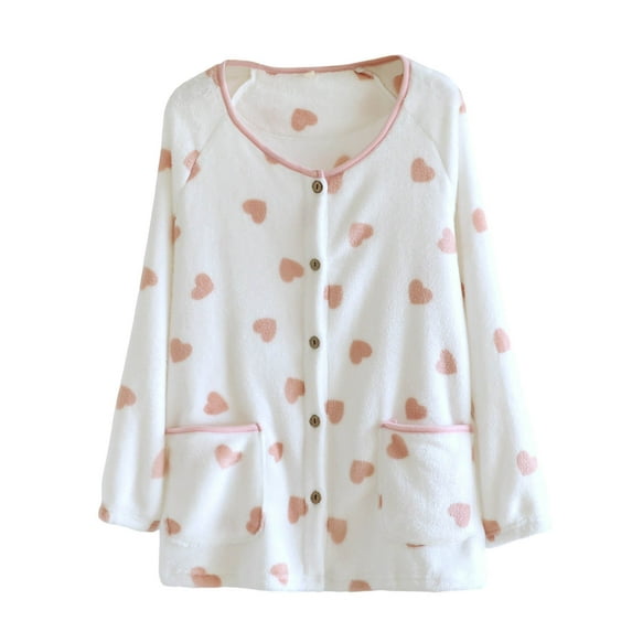 Tnhcen Women's Winter Flannel Heart Print Sleepwear Top Warm Button-Up Cardigan Cozy Loungewear Plus Size M-XL