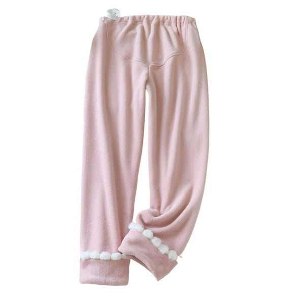 Tnhcen Women's Winter Flannel Pajama Pants Elastic Waist Drawstring Pom Pom Cuffs Soft Warm Sleepwear Lounge Pants M-XL Pink