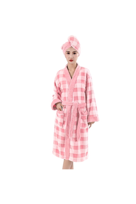 Women's Winter Fluffy Plaid Bathrobe - Adjustable Tie Pocket Robe with Free Cap Quick Dry Loungewear Free Size