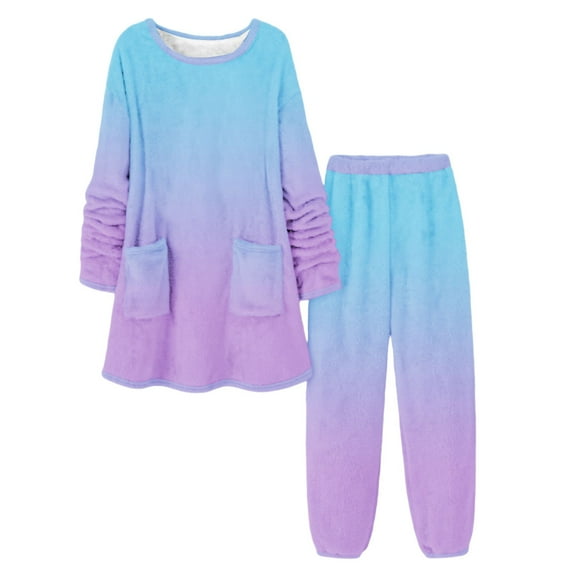 Tnhcen Women's Winter Gradient Color Fleece Pajama Set Long Sleeve Round Neck Top with Pants Thermal Warm Sleepwear Flannel Plus Size S-3XL