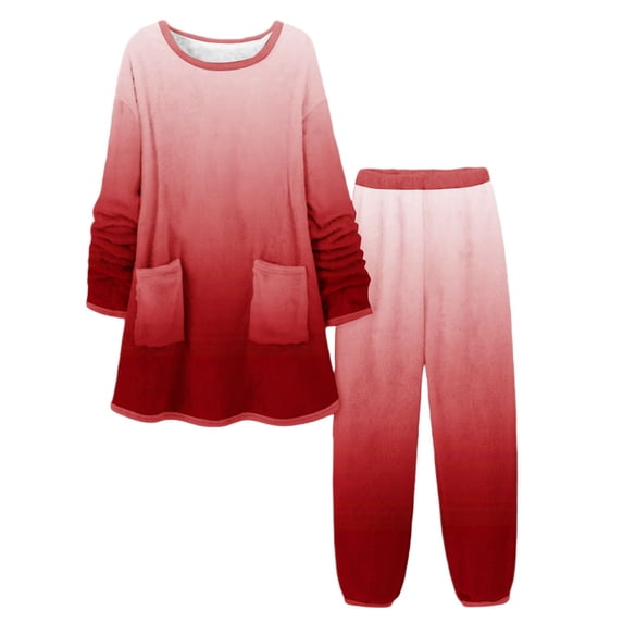 Tnhcen Women's Winter Gradient Color Fleece Pajama Set Long Sleeve Round Neck Top with Pants Thermal Warm Sleepwear Flannel Plus Size S-3XL