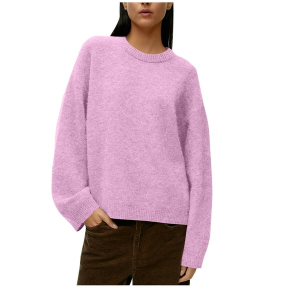 Tnhcen Women's Winter Knit Sweater Round Neck Long Sleeve Sweater Casual Comfortable Women's Clothing Fashion Forward Warm Sweater Solid Color Pullover for Women S-L