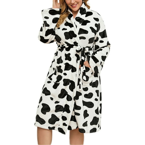 Tnhcen Women's Winter Plus Size Flannel Sleepwear - Thickened Leopard Print Long Sleeve Pajama Robe with Waist Tie Large Size XL-4XL