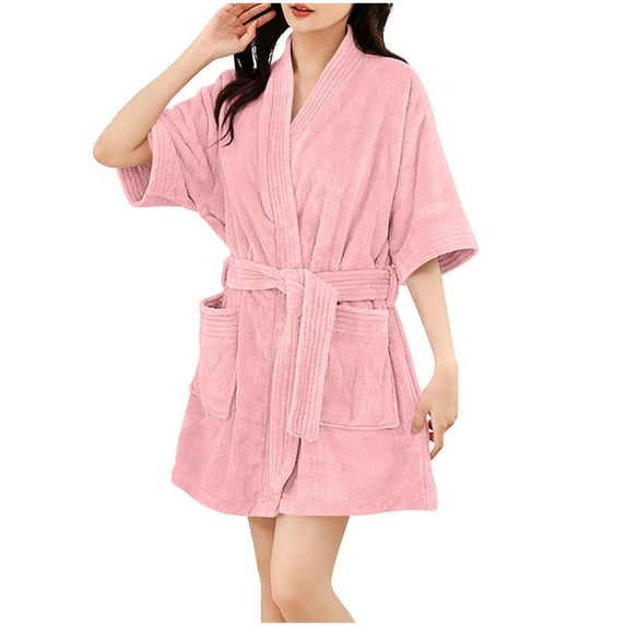 Tnhcen Women's Winter Short Sleeve Bathrobe - Quick-Dry Coral Fleece Pajama Robe with Tie Collar | Plus Size Home Robe Solid Color Free Size