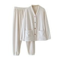 thumbnail image 1 of Tnhcen Women's Winter Solid Color V-Neck Ribbed Long Sleeve Pajama Set Button Up Pocket Top with Pants Thermal Fleece Lined Sleepwear M-2XL, 1 of 3