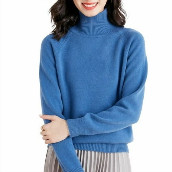 Tnhcen Women's Winter Sweater Slim Fit Turtleneck Pullover Warm Knitted Top Long Sleeve Casual Shirt Blue Solid Color Sizes S-2XL