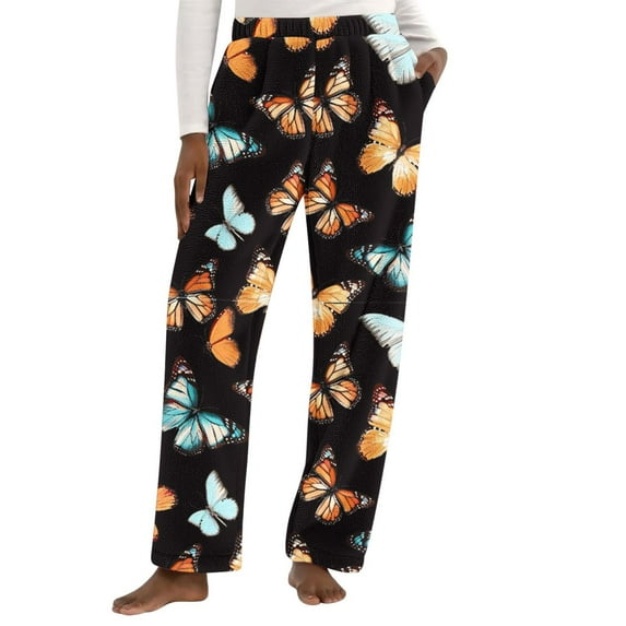Tnhcen Women's Winter Warm Butterfly Print Flannel Pajama Pants with Pockets Loose Soft Versatile Long Pants S-3XL Cozy Sleepwear Home Wear Soft Fabric Multicolor