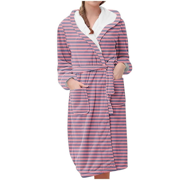 Tnhcen Women's Winter Warm Flannel Hooded Long Sleeve Striped Sleepwear Robe | Front Pocket Pajamas with Plaid Accents | M-3XL Polyester Loungewear