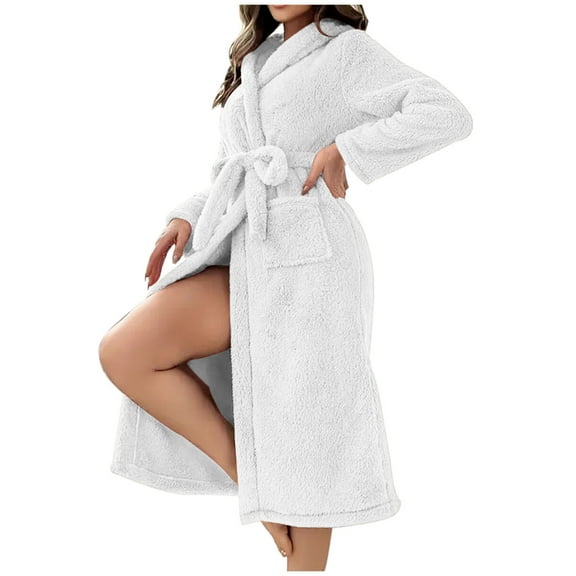 Tnhcen Women's Winter Warm Fleece Hooded Belted Mid-Length Sleepwear Robe | Plus Size S-2XL Cozy Pajamas with Adjustable Waist
