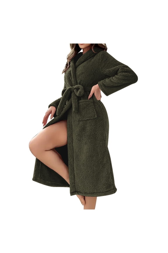 Tnhcen Women's Winter Warm Fleece Hooded Belted Mid-Length Sleepwear Robe | Plus Size S-2XL Cozy Pajamas with Adjustable Waist