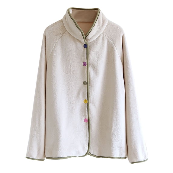 Tnhcen Women's Winter Warm Fluffy Fleece Sleepwear – Button-Up Long Sleeve Solid Color Pajama with Colorful Buttons | Plus Size M-XL | Loungewear