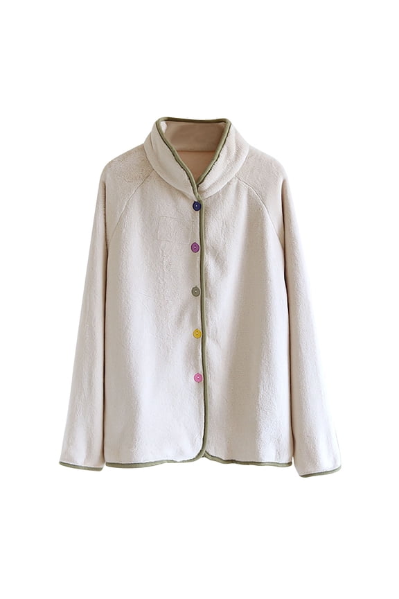 Women's Winter Warm Fluffy Fleece Sleepwear – Button-Up Long Sleeve Solid Color Pajama with Colorful Buttons | Plus Size M-XL | Loungewear