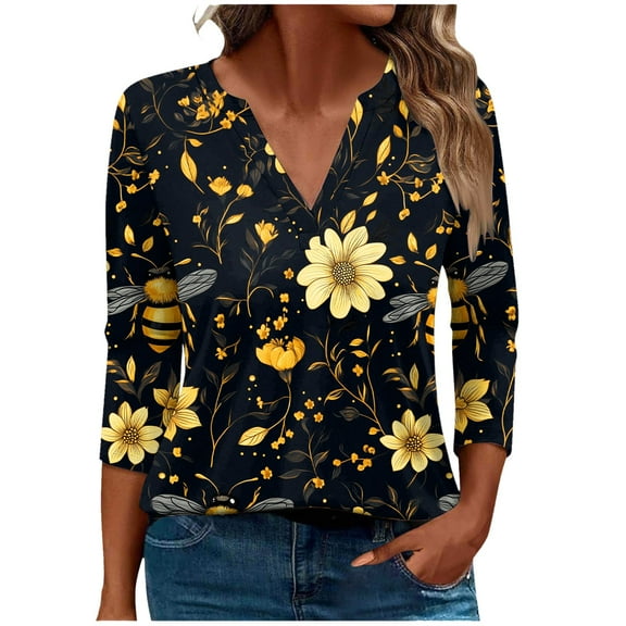 Tnhcen Women's World Bee Day Cute Bee Print Tops – Autumn V-neck 7/8 Sleeve Loose Fit Shirts, Plus Size T-shirts S-5XL