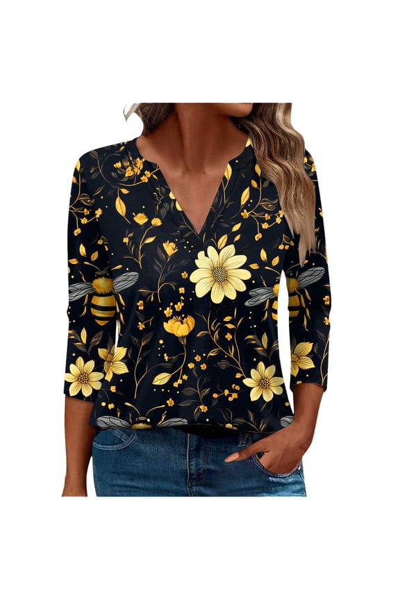 Women's World Bee Day Cute Bee Print Tops – Autumn V-neck 7/8 Sleeve Loose Fit Shirts, Plus Size T-shirts S-5XL