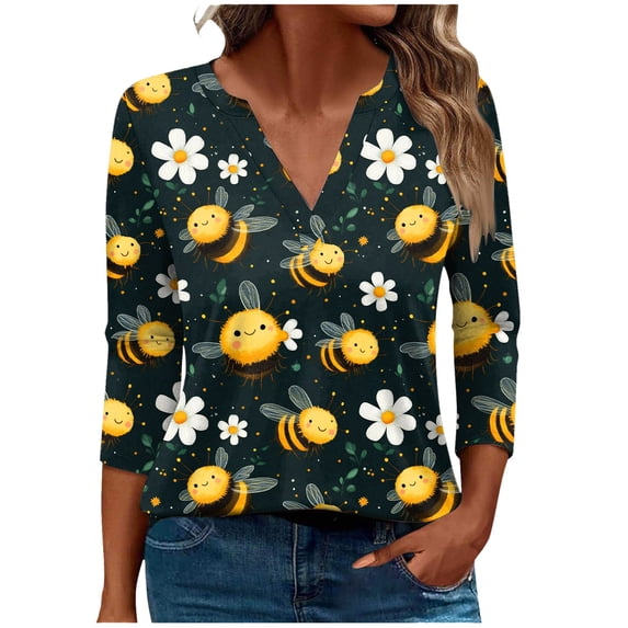 Tnhcen Women's World Bee Day Cute Bee Print Tops – Autumn V-neck 7/8 Sleeve Loose Fit Shirts, Plus Size T-shirts S-5XL