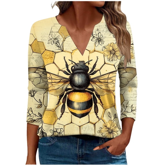 Tnhcen Women's World Bee Day Cute Bee Print Tops – Autumn V-neck 7/8 Sleeve Loose Fit Shirts, Plus Size T-shirts S-5XL