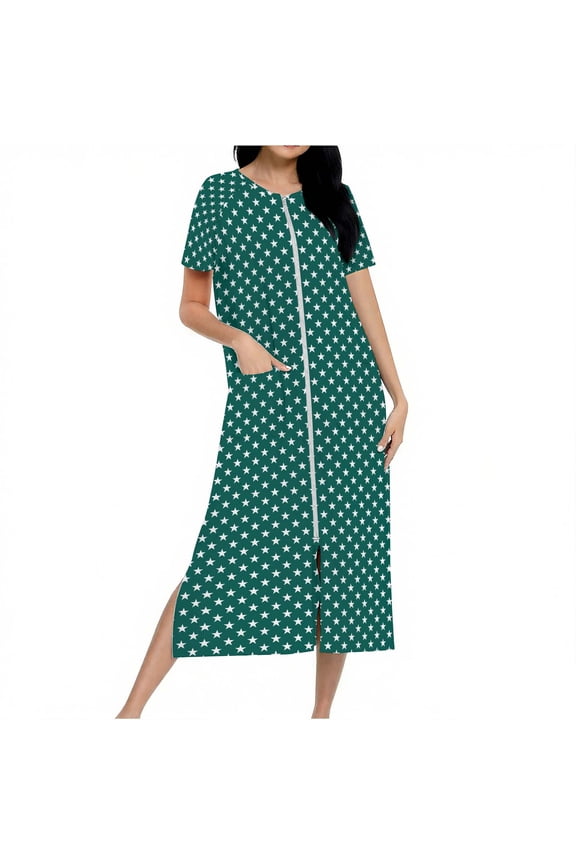 Women's Zip Up Robe Long Length Pajama Dress Star Print Cozy Fleece Loungewear with Pockets Soft Sleepwear S-2XL Multiple Colors Available Green