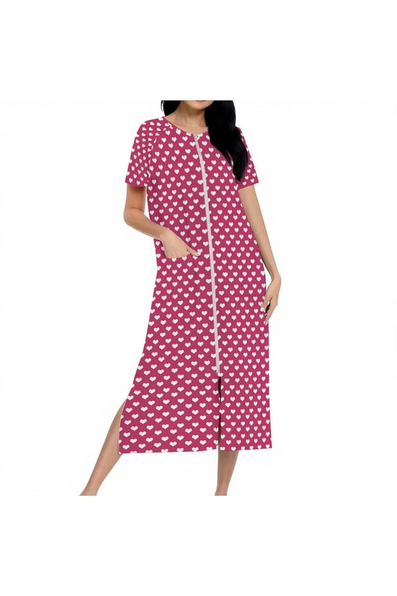 Women's Zip Up Robe Long Length Pajama Dress Heart Print Cozy Fleece Loungewear with Pockets Soft Sleepwear S-2XL Red