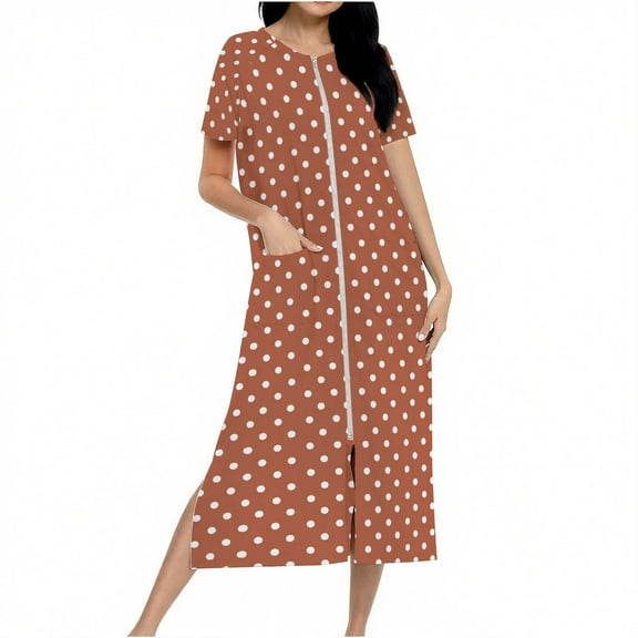 Tnhcen Women's Zip Up Robe Long Length Pajama Dress Polka Dot Print Cozy Fleece Loungewear with Pockets Soft Sleepwear S-2XL Brown