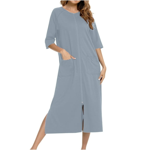 Tnhcen Women's Zipper Sleepwear Dress Solid Color Crew Neck Short Sleeve Midi Dress with Two Front Pockets Stretchy Home Loungewear (S-2XL)