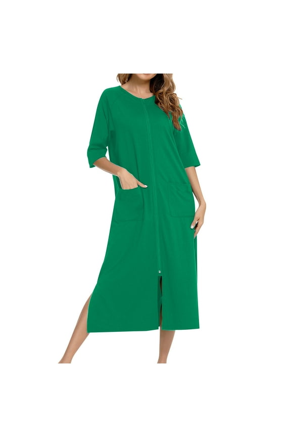 Women's Zipper Sleepwear Dress Solid Color Crew Neck Short Sleeve Midi Dress with Two Front Pockets Stretchy Home Loungewear (S-2XL)