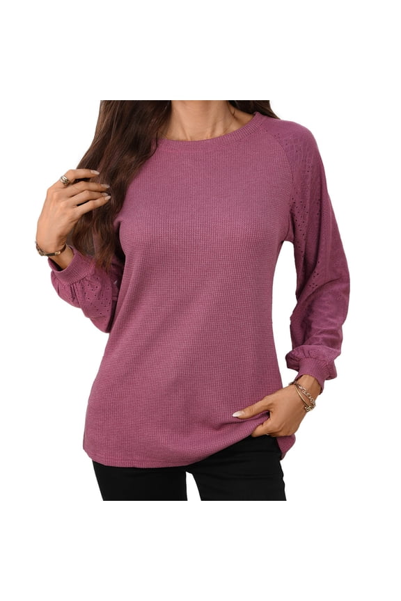 Womens Blouse Long Sleeve Crew Neck Solid Color Casual Loose Fit Waffle Knit Top Womens Going Out Basic Casual Tops S-2XL