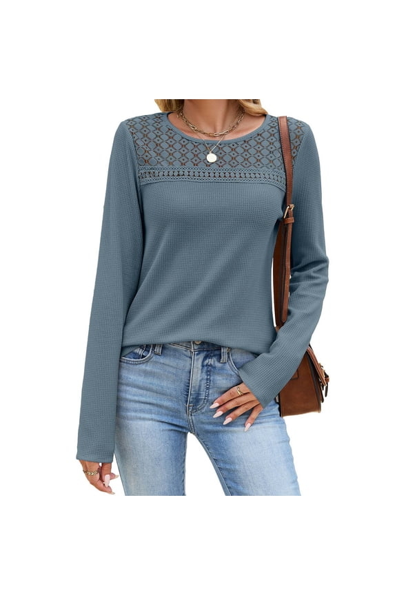 Womens Blouse Long Sleeve Crew Neck Solid Color Casual Loose Fit Waffle Knit Top Womens Going Out Basic Casual Tops S-2XL