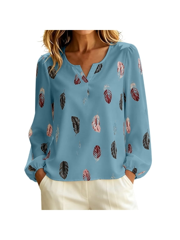 Womens Blouse Long Sleeve V Neck Feather Print Casual Loose Fit Work Office Top Womens Dressy Going Out Shirt S-5XL