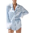 thumbnail image 1 of Tnhcen Womens Satin Pajamas Set Ruffle Short Sleeve Sleepwear Button Down Silk 2 Piece Homewear Sets S-XL, 1 of 4