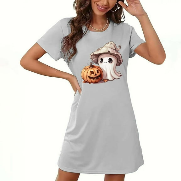 Tnhcen *omen's Halloween Themed Round Neck Short Sleeve Pajama Dress - Plus Size Sleepwear with Soft Polyester Spandex Blend Cozy Cartoon Print Nightgown for Women S-2XL Sizes