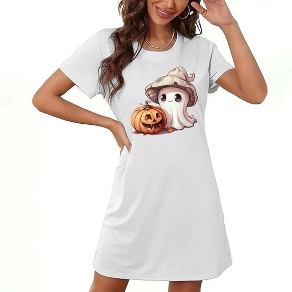 Tnhcen *omen's Halloween Themed Round Neck Short Sleeve Pajama Dress - Plus Size Sleepwear with Soft Polyester Spandex Blend Cozy Cartoon Print Nightgown for Women S-2XL Sizes