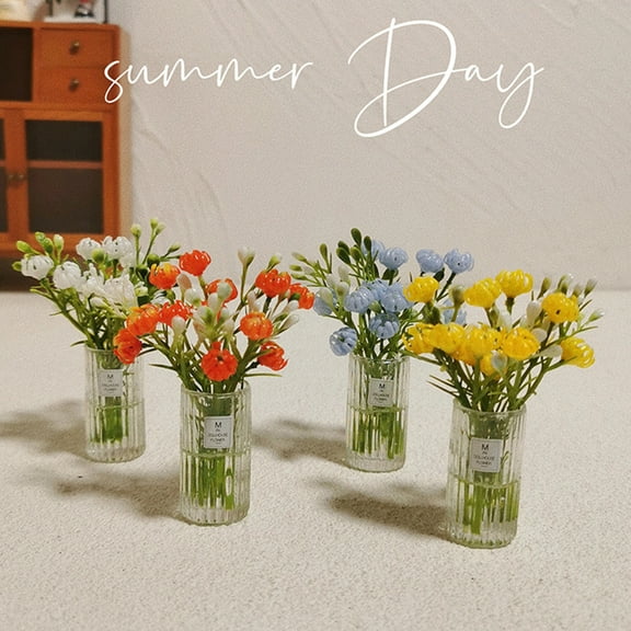 Tnobhg 1:6 1:12 Miniature Dollhouse Flower with Vase Dollhouse Bouquets Accessories Mini Floral Arrangement Toy Micro Landscape Decoration Living Room Ornaments